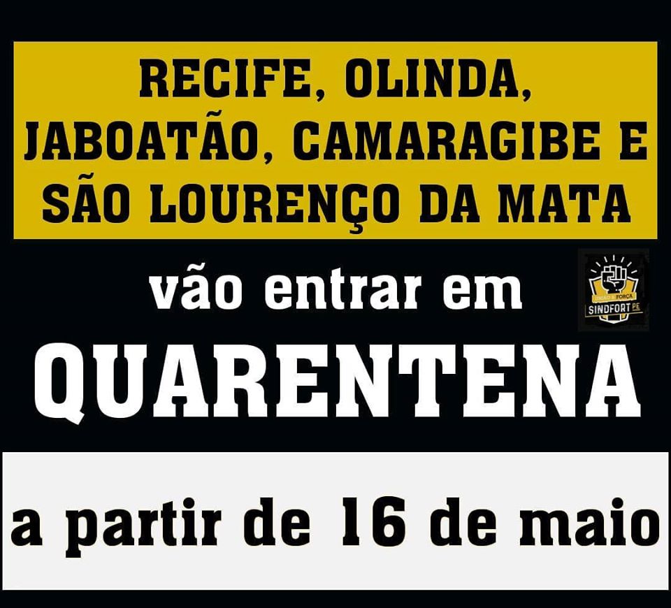 Cinco cidades em quarentena a partir do dia 16/05 na RMR